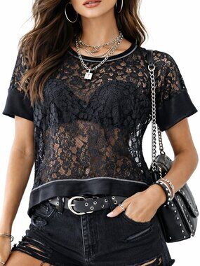 Pleione Anthro Black Floral Lace Dolman High Low Tee Whimsigoth XS